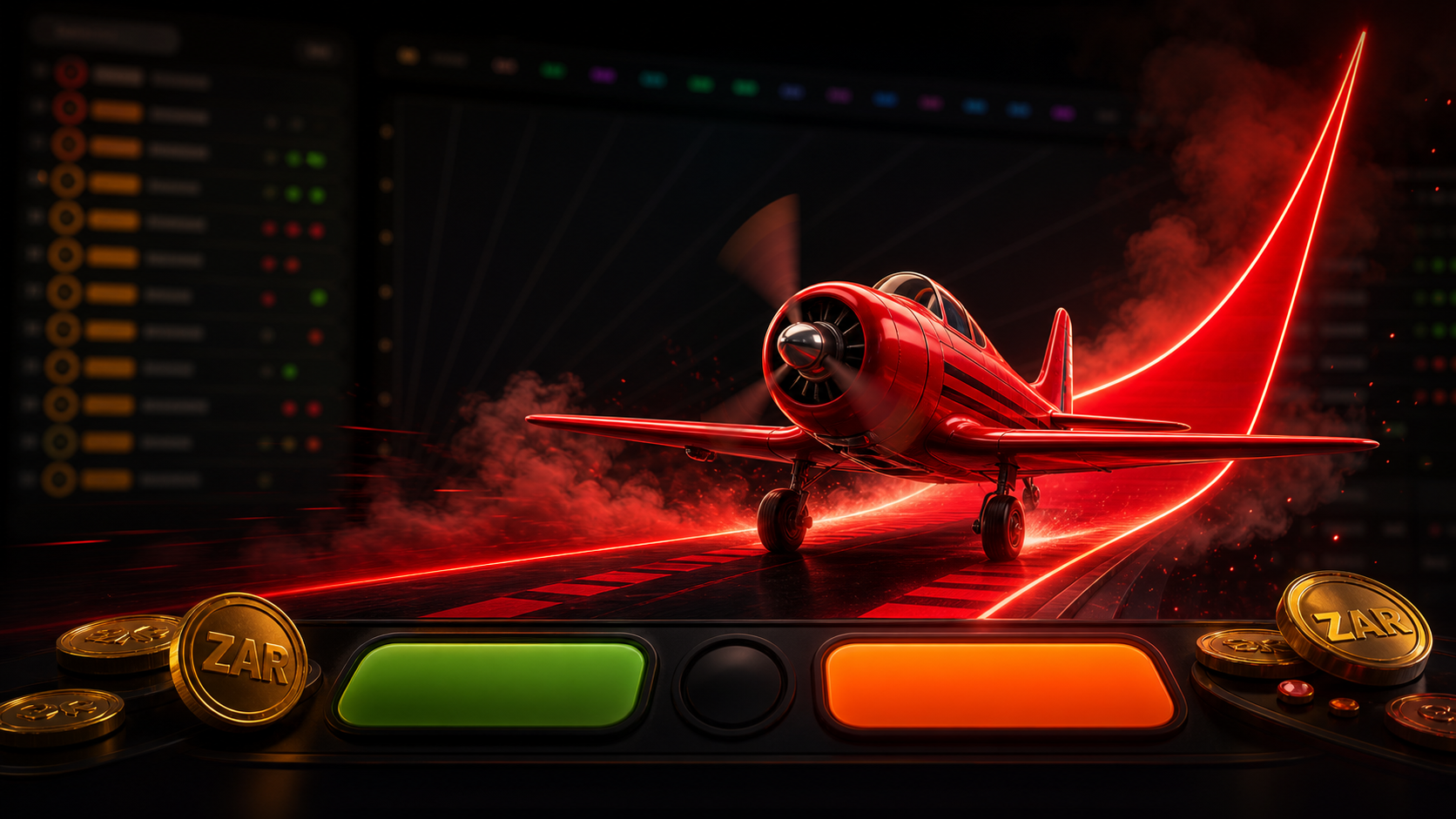 Aviator demo cover with red plane, ZAR coins and betting controls