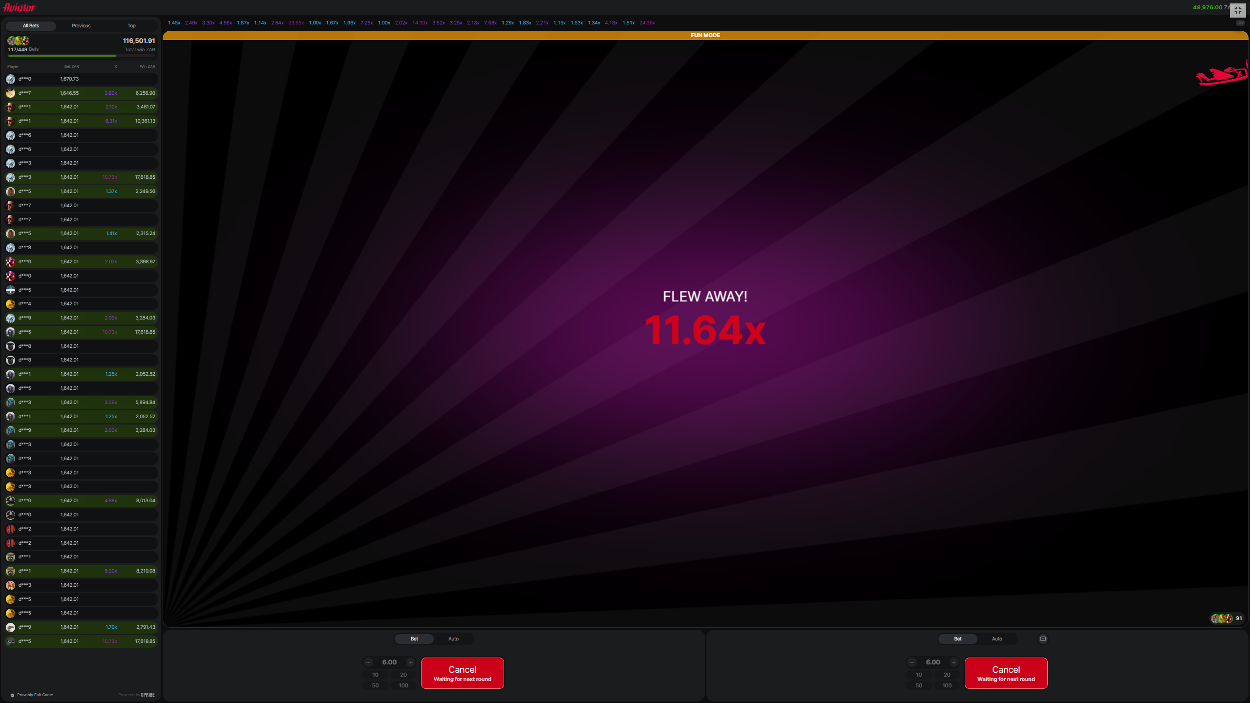 Aviator desktop screen showing flew away result and live bet list