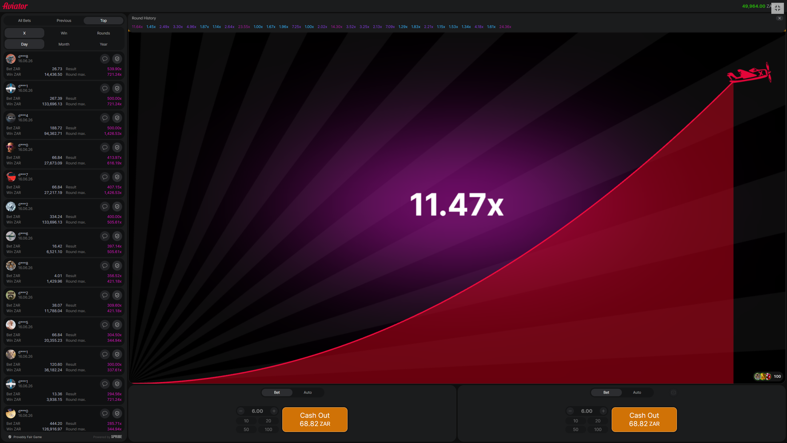 Aviator desktop screen with high multiplier, live bets and ZAR cashout buttons