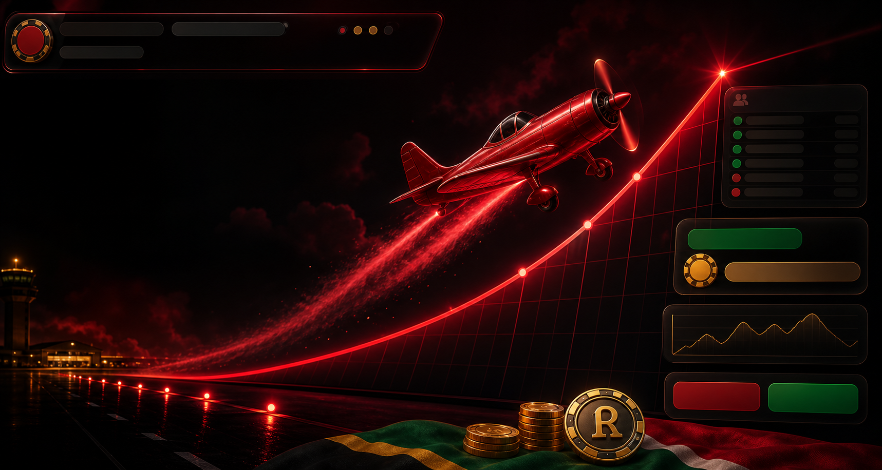 Red propeller plane flying along a glowing crash game multiplier curve