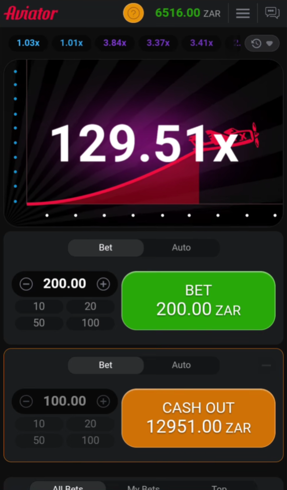 Aviator mobile screen with cashout button in ZAR