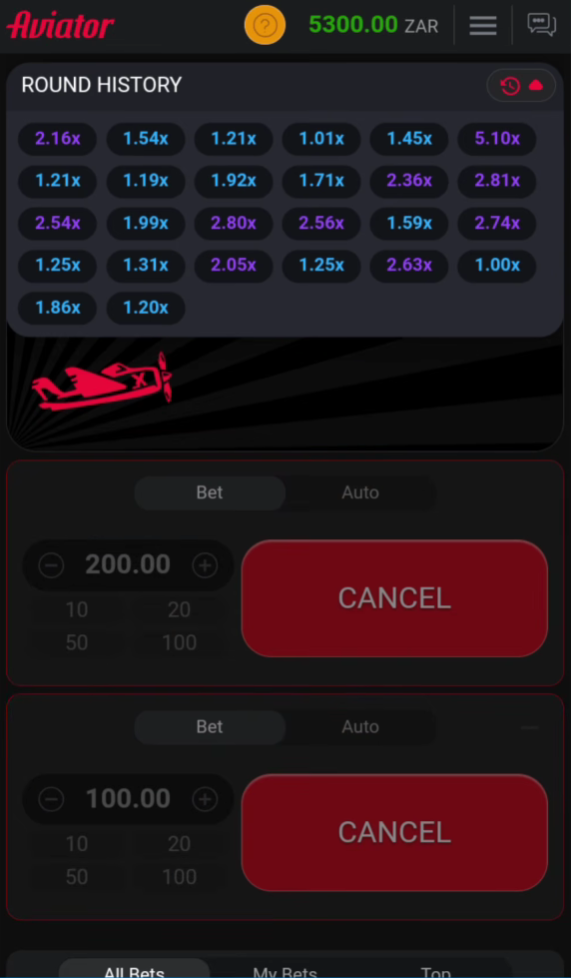 Aviator mobile screen showing round history panel