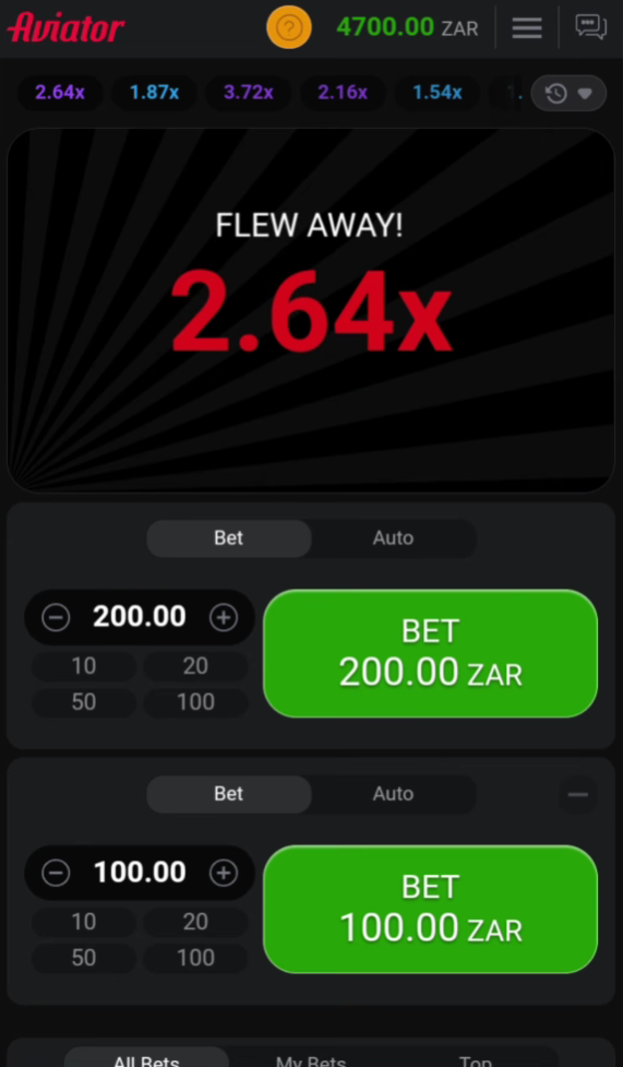 Aviator mobile screen showing flew away result and ZAR bet buttons